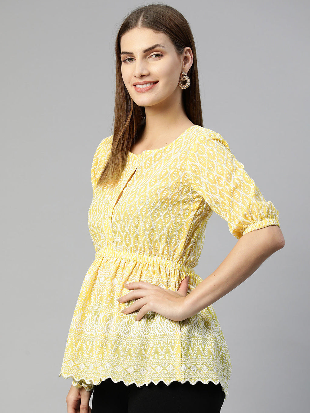 Jainish Women's Chikankari Work Empire Top - Yellow | Grocsy