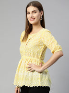 Jainish Women's Chikankari Work Empire Top - Yellow | Grocsy