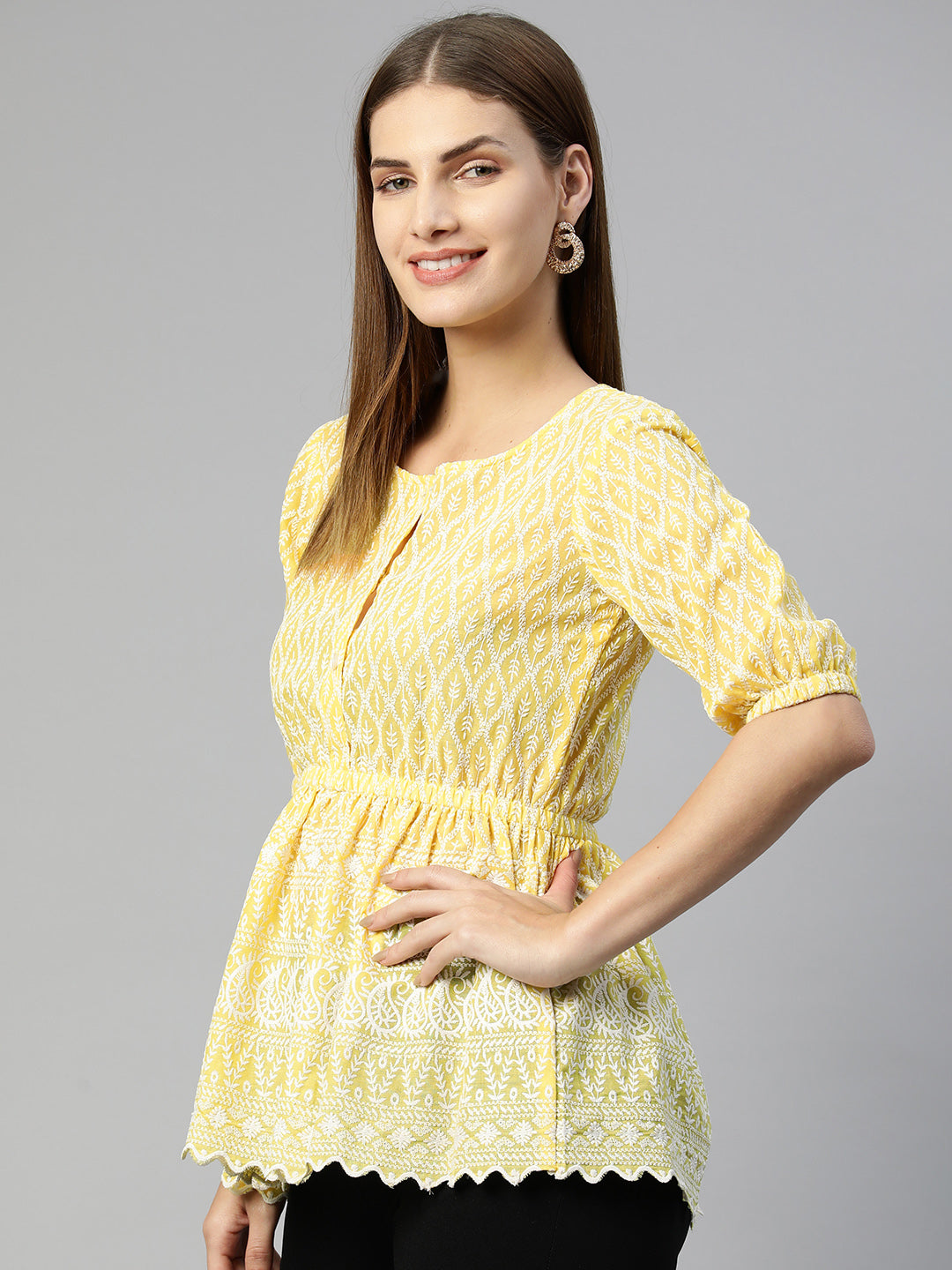 Jainish Women's Chikankari Work Empire Top - Yellow | Grocsy