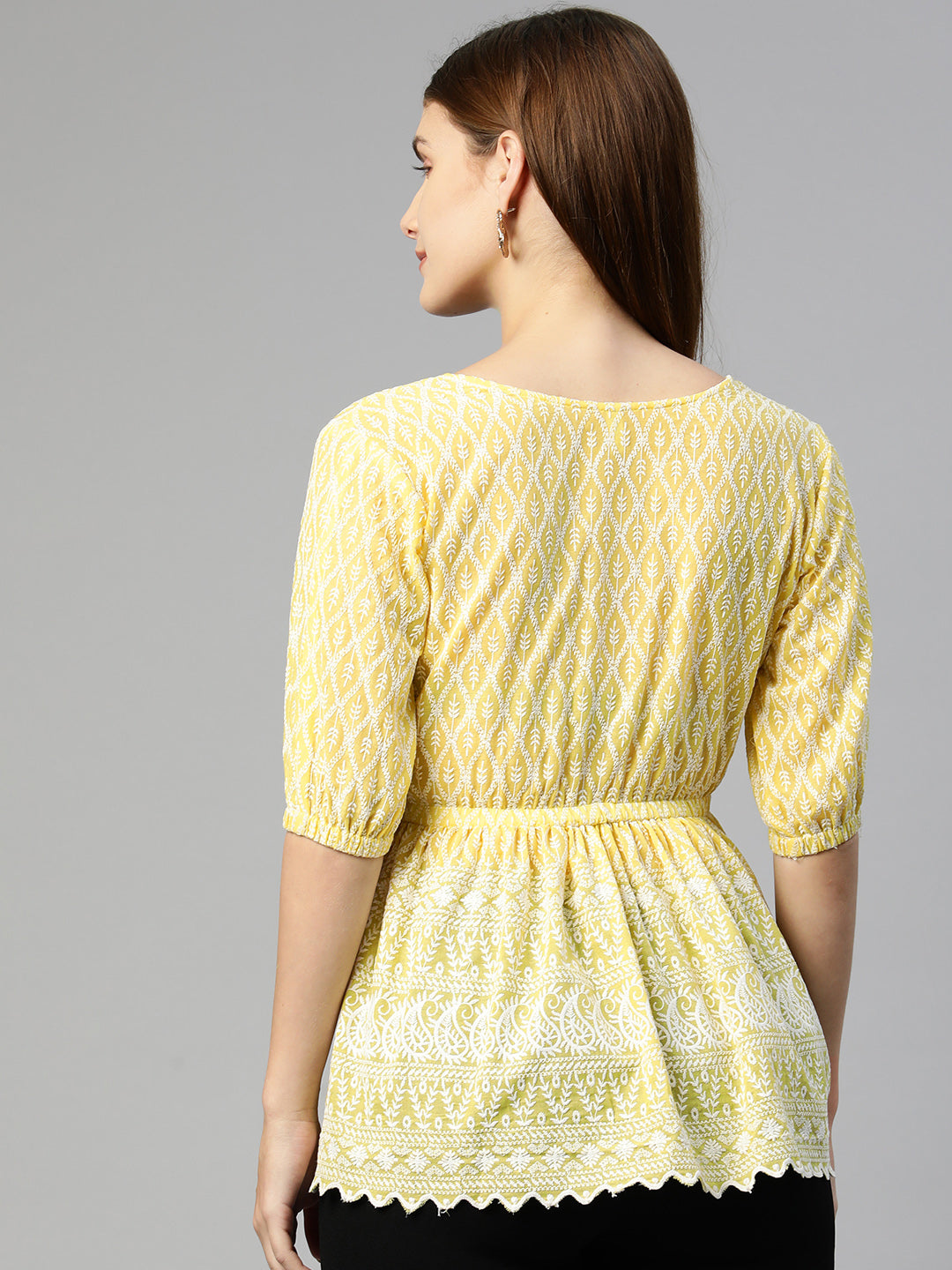 Jainish Women's Chikankari Work Empire Top - Yellow | Grocsy