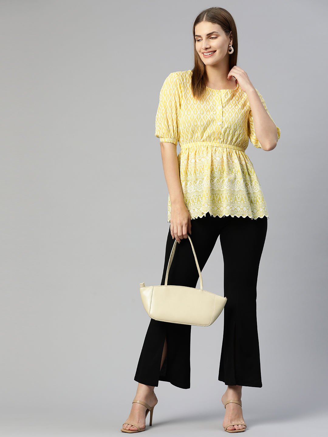 Jainish Women's Chikankari Work Empire Top - Yellow | Grocsy