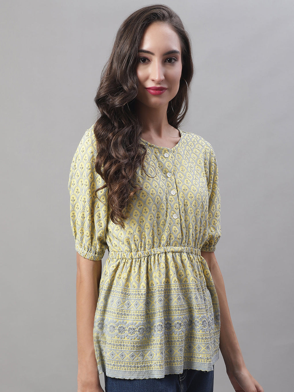 Jainish Women's WoChikankari Work Empire Top - Lemon | Grocsy
