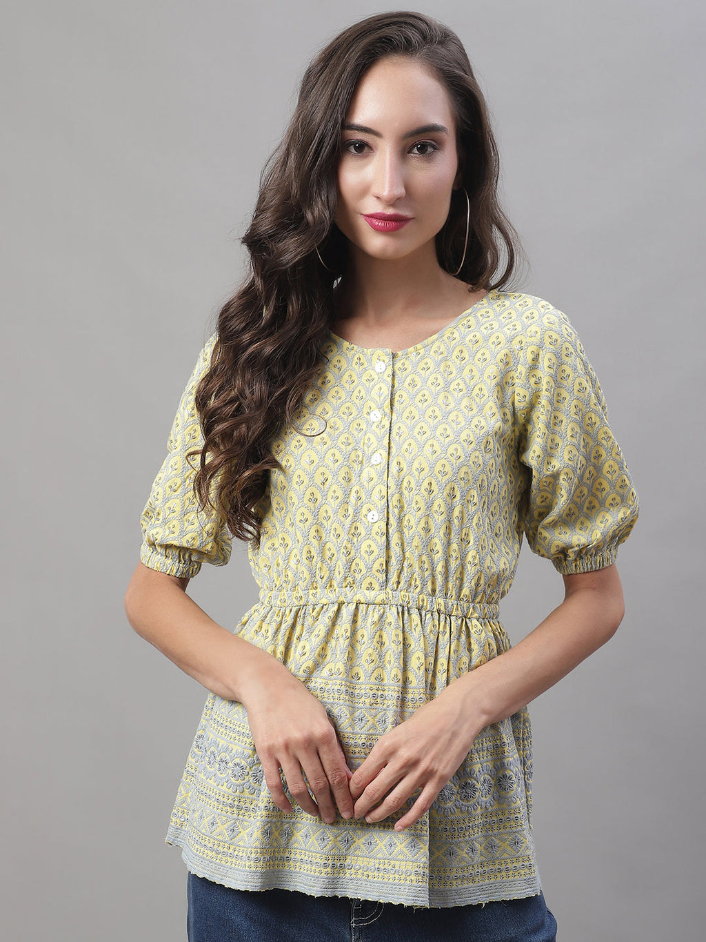 Jainish Women's WoChikankari Work Empire Top - Lemon | Grocsy