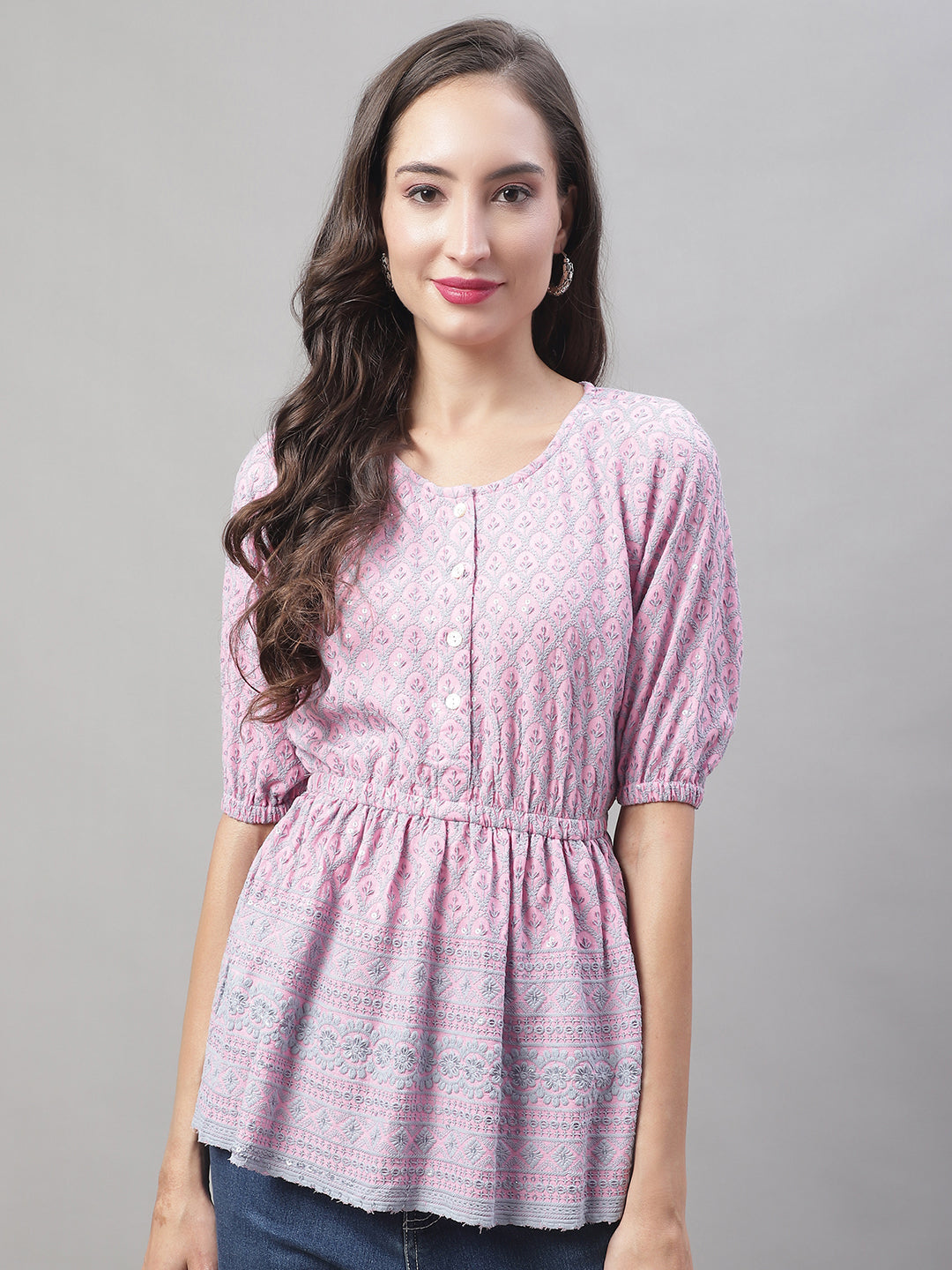 Jainish Women's WoChikankari Work Empire Top - Magenta | Grocsy