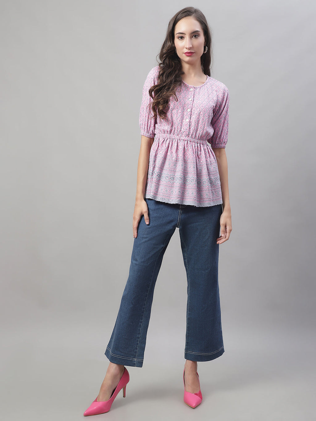 Jainish Women's WoChikankari Work Empire Top - Magenta | Grocsy