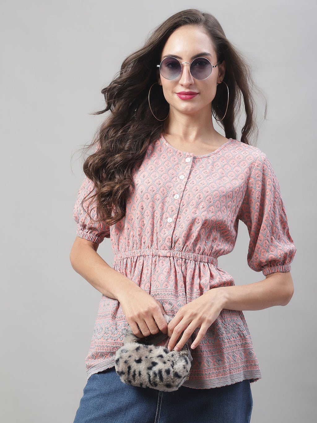Jainish Women's WoChikankari Work Empire Top - Peach | Grocsy