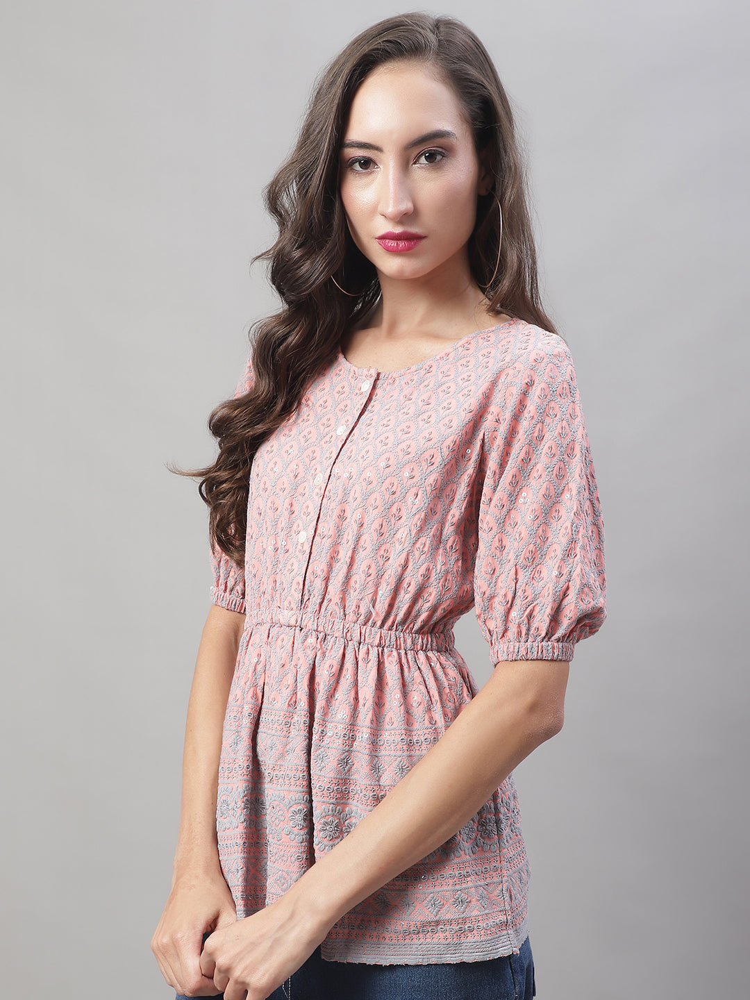 Jainish Women's WoChikankari Work Empire Top - Peach | Grocsy