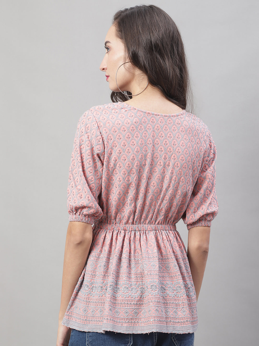 Jainish Women's WoChikankari Work Empire Top - Peach | Grocsy