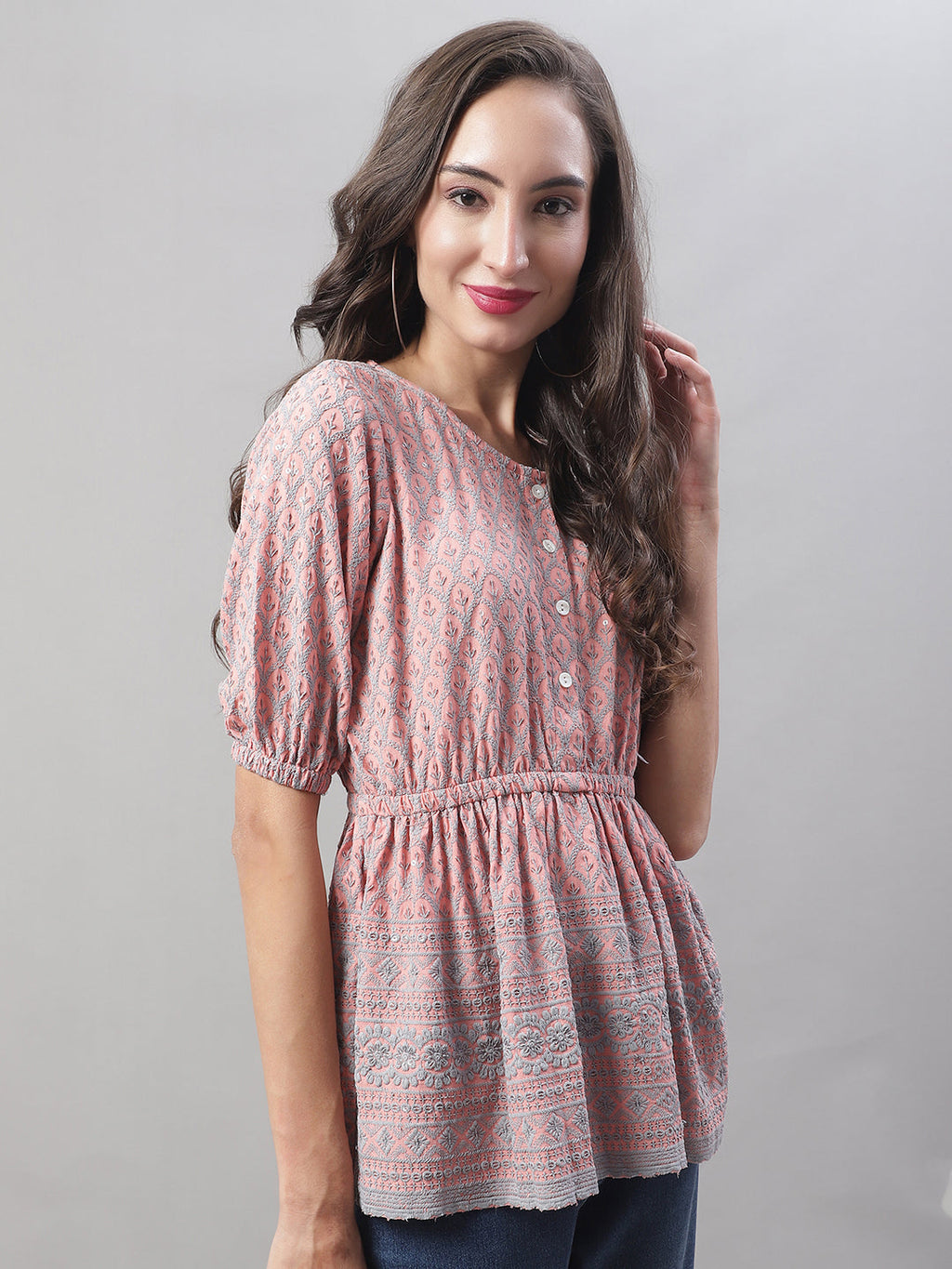 Jainish Women's WoChikankari Work Empire Top - Peach | Grocsy