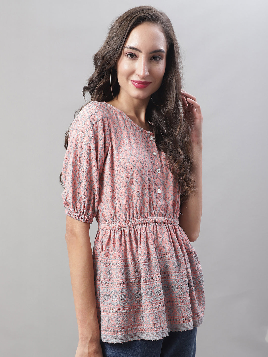 Jainish Women's WoChikankari Work Empire Top - Peach | Grocsy