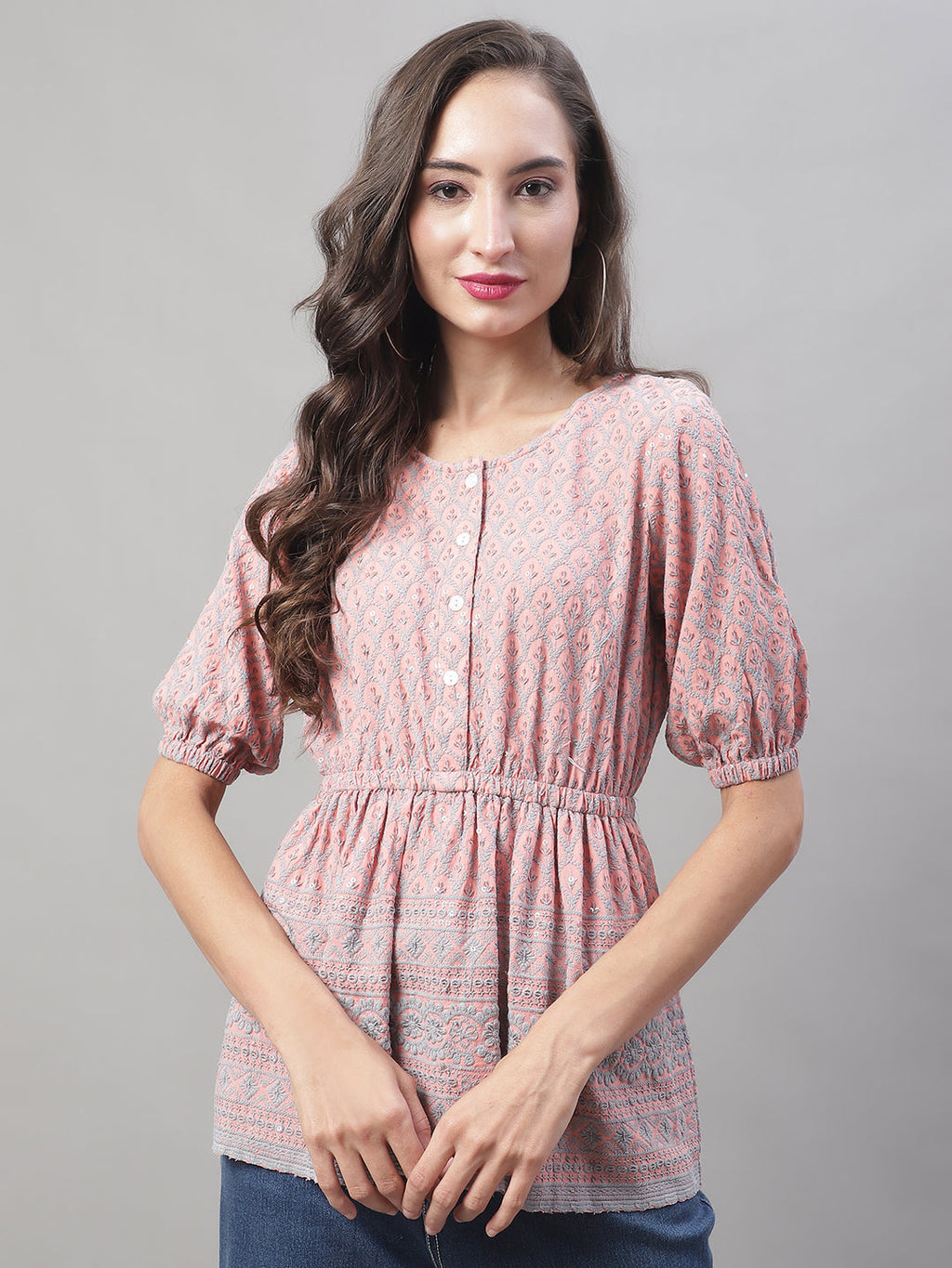 Jainish Women's WoChikankari Work Empire Top - Peach | Grocsy
