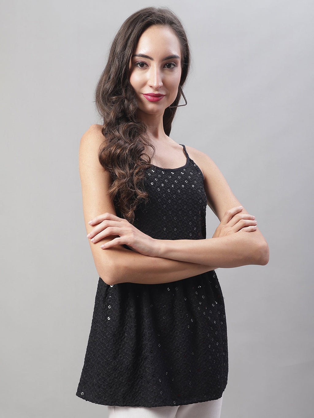 Jainish Women's WoChikankari Sequen Work Empire Top - Black | Grocsy