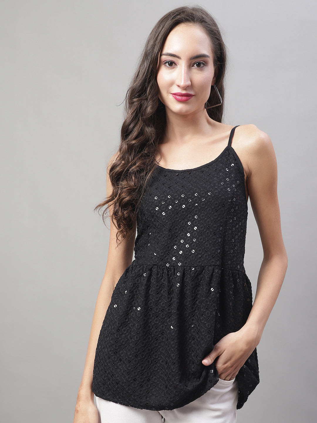 Jainish Women's WoChikankari Sequen Work Empire Top - Black | Grocsy