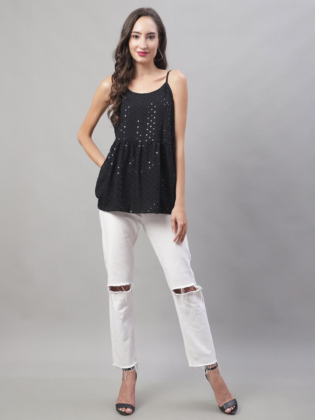 Jainish Women's WoChikankari Sequen Work Empire Top - Black | Grocsy