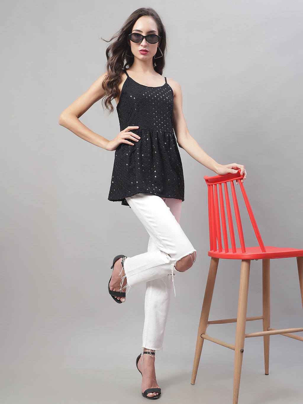 Jainish Women's WoChikankari Sequen Work Empire Top - Black | Grocsy