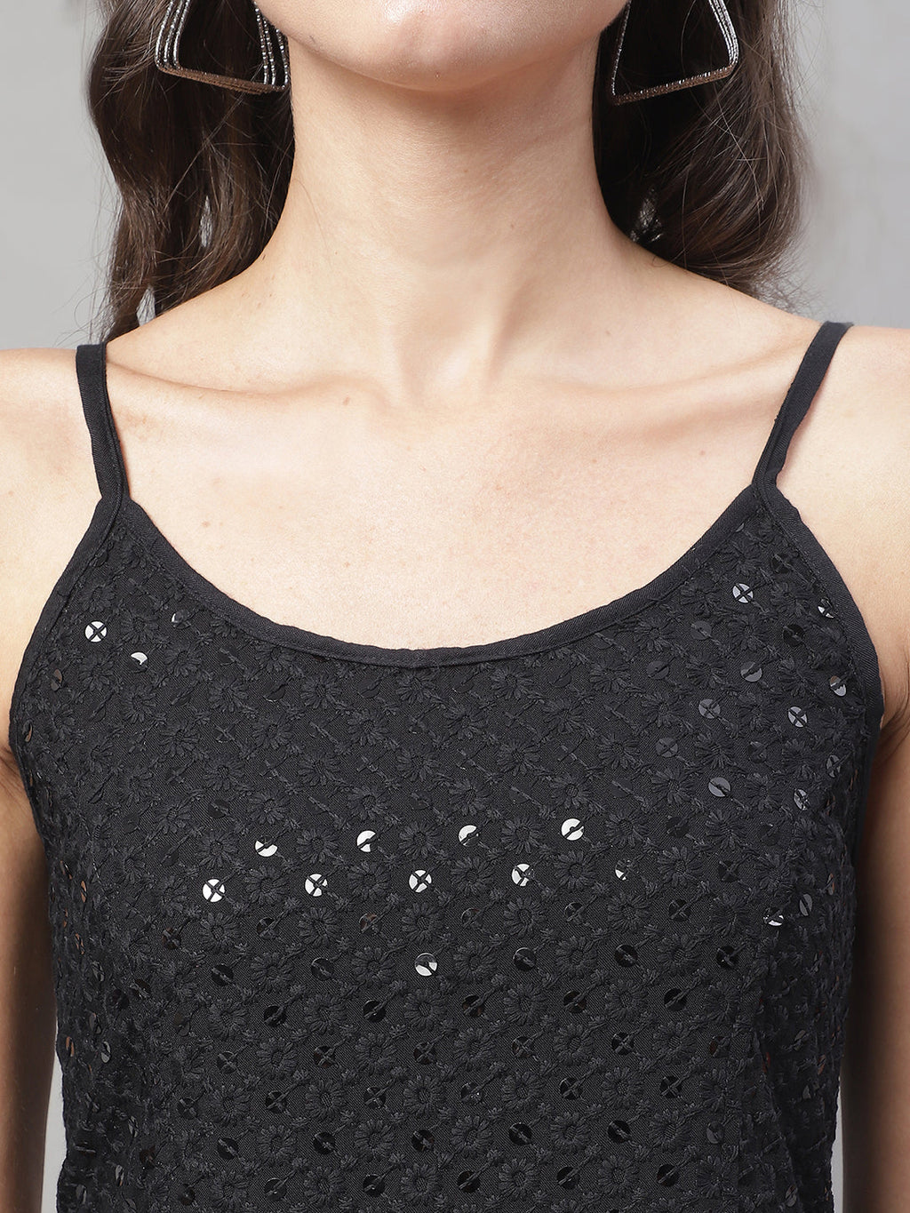 Jainish Women's WoChikankari Sequen Work Empire Top - Black | Grocsy