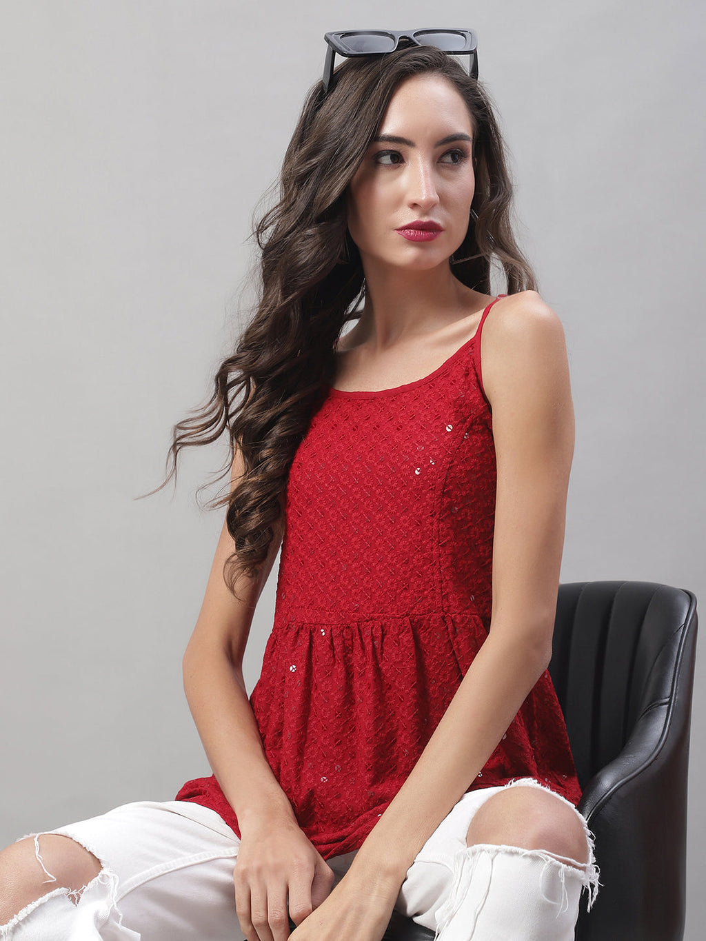 Jainish Women's WoChikankari Sequen Work Empire Top - Maroon | Grocsy