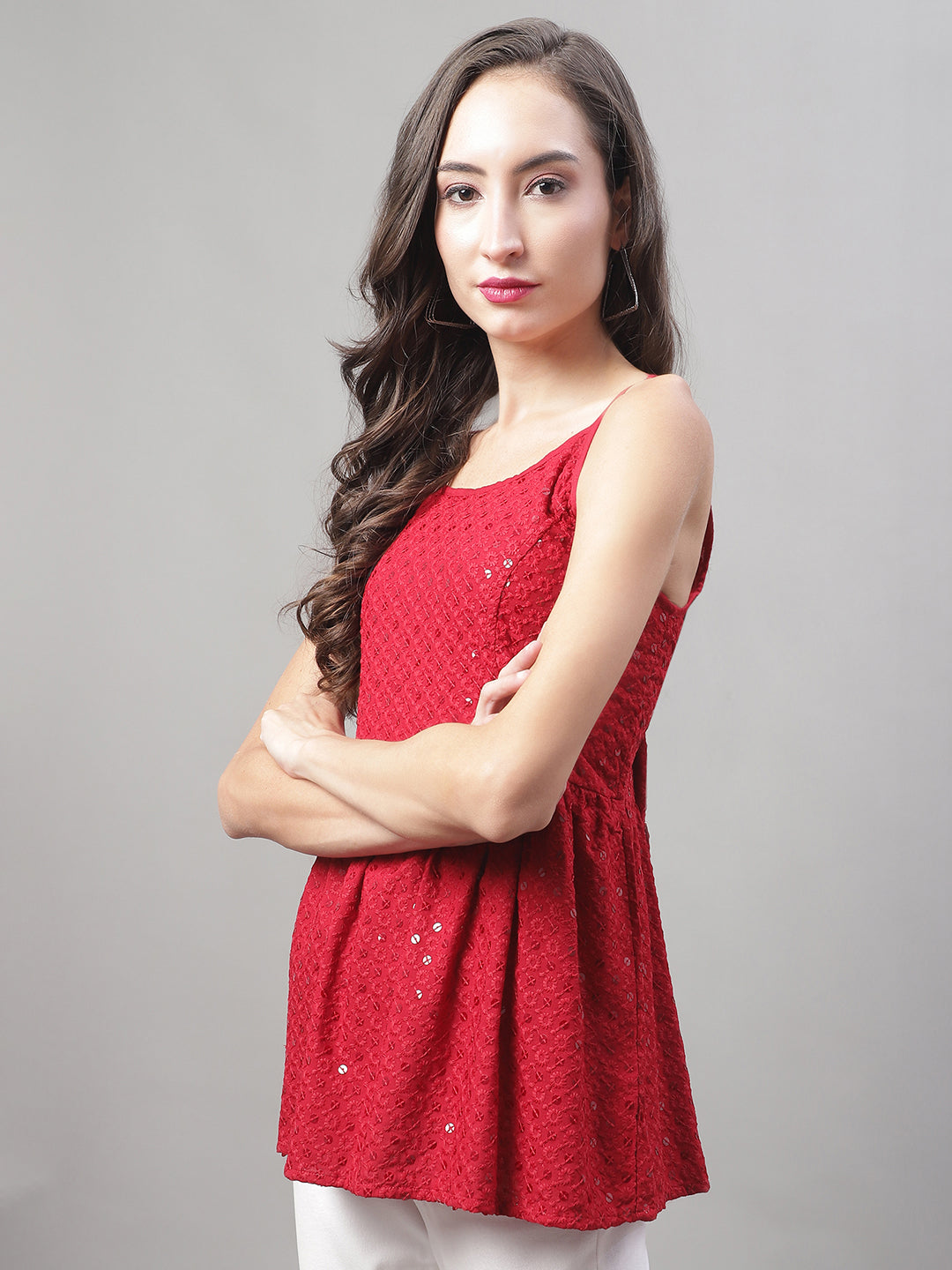 Jainish Women's WoChikankari Sequen Work Empire Top - Maroon | Grocsy