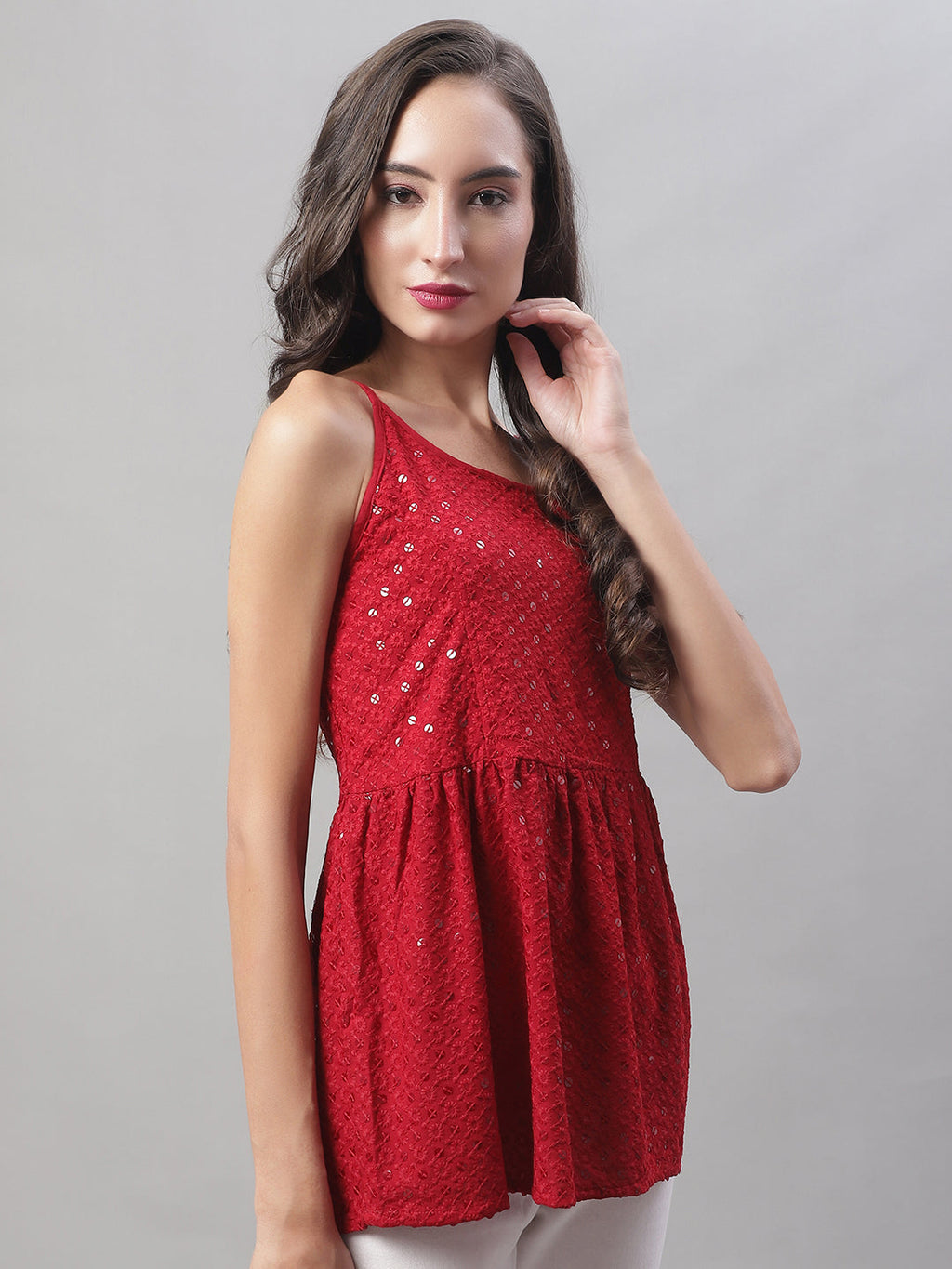 Jainish Women's WoChikankari Sequen Work Empire Top - Maroon | Grocsy