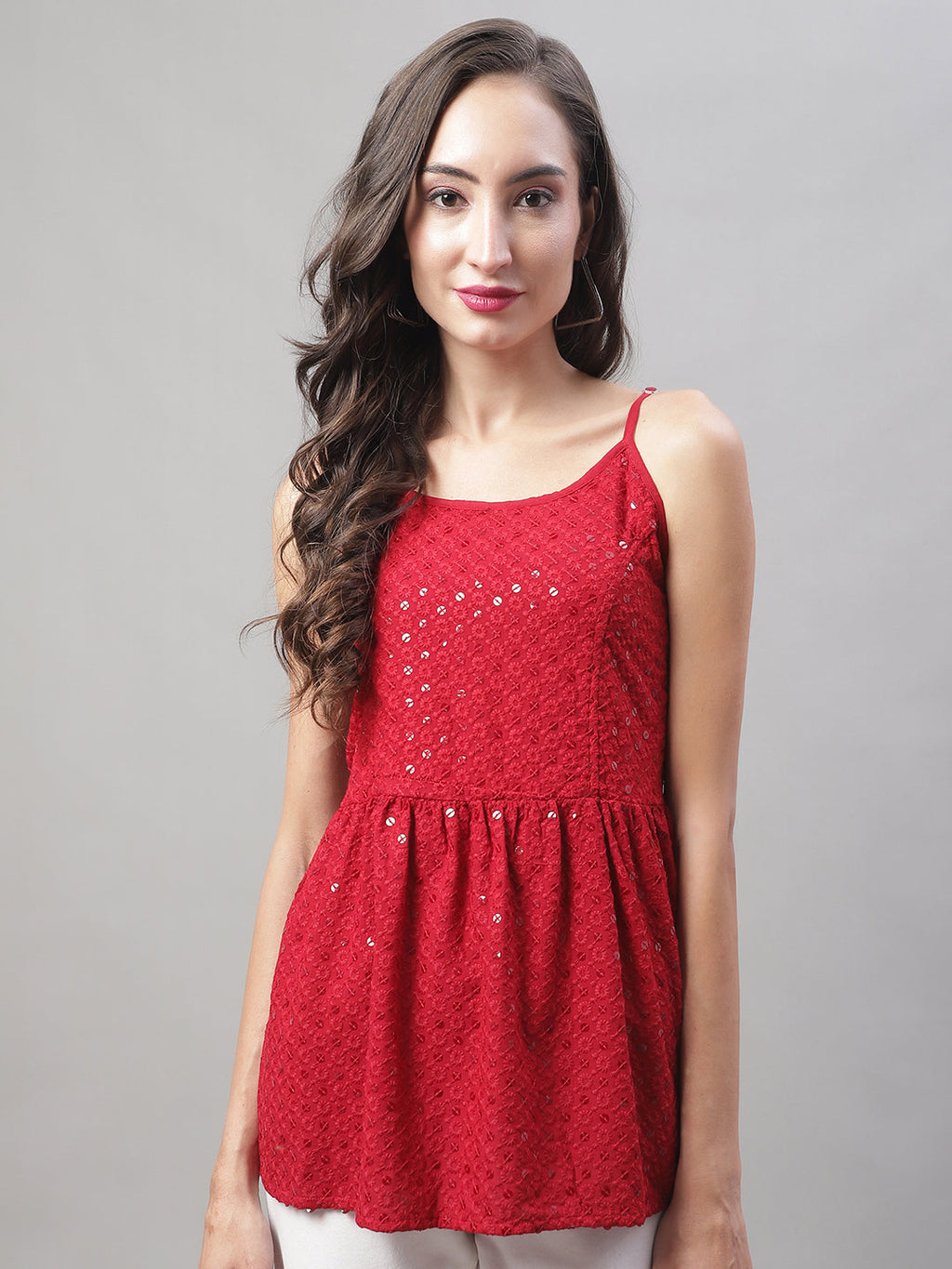 Jainish Women's WoChikankari Sequen Work Empire Top - Maroon | Grocsy
