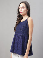 Jainish Women's WoChikankari Sequen Work Empire Top - Navy Blue | Grocsy