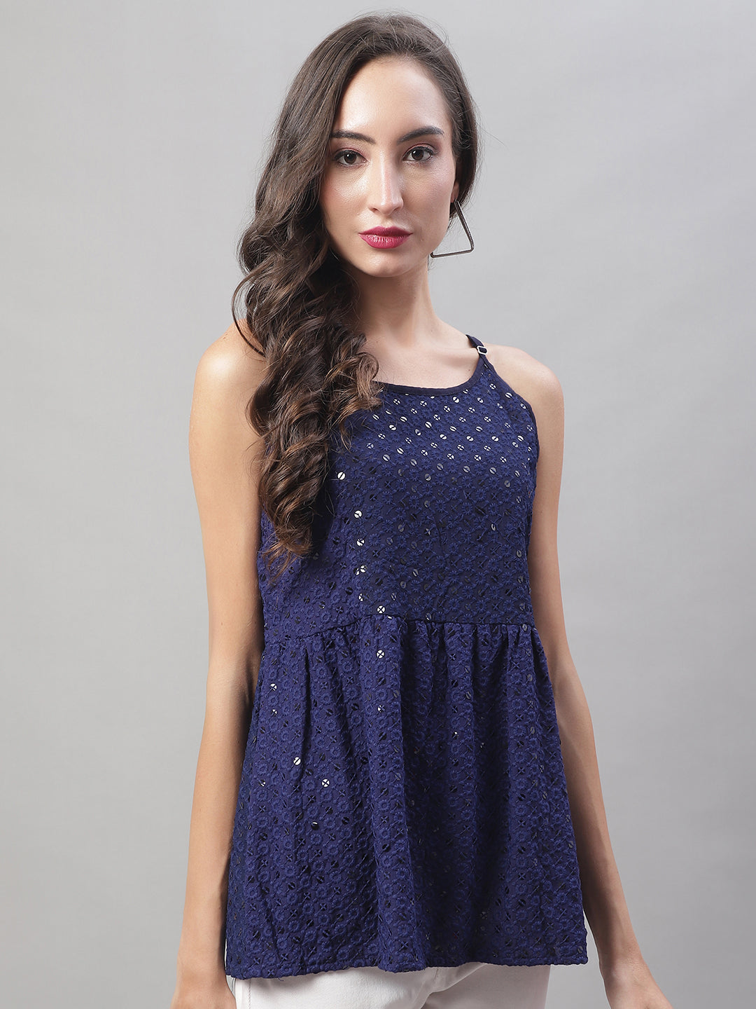 Jainish Women's WoChikankari Sequen Work Empire Top - Navy Blue | Grocsy