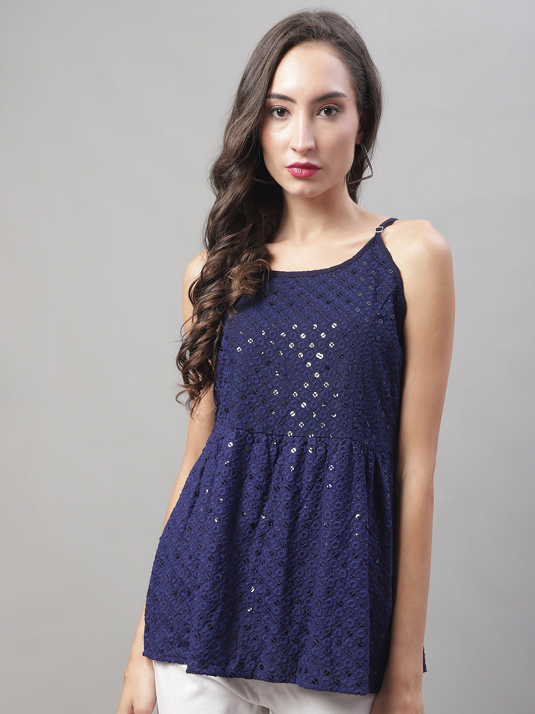 Jainish Women's WoChikankari Sequen Work Empire Top - Navy Blue | Grocsy