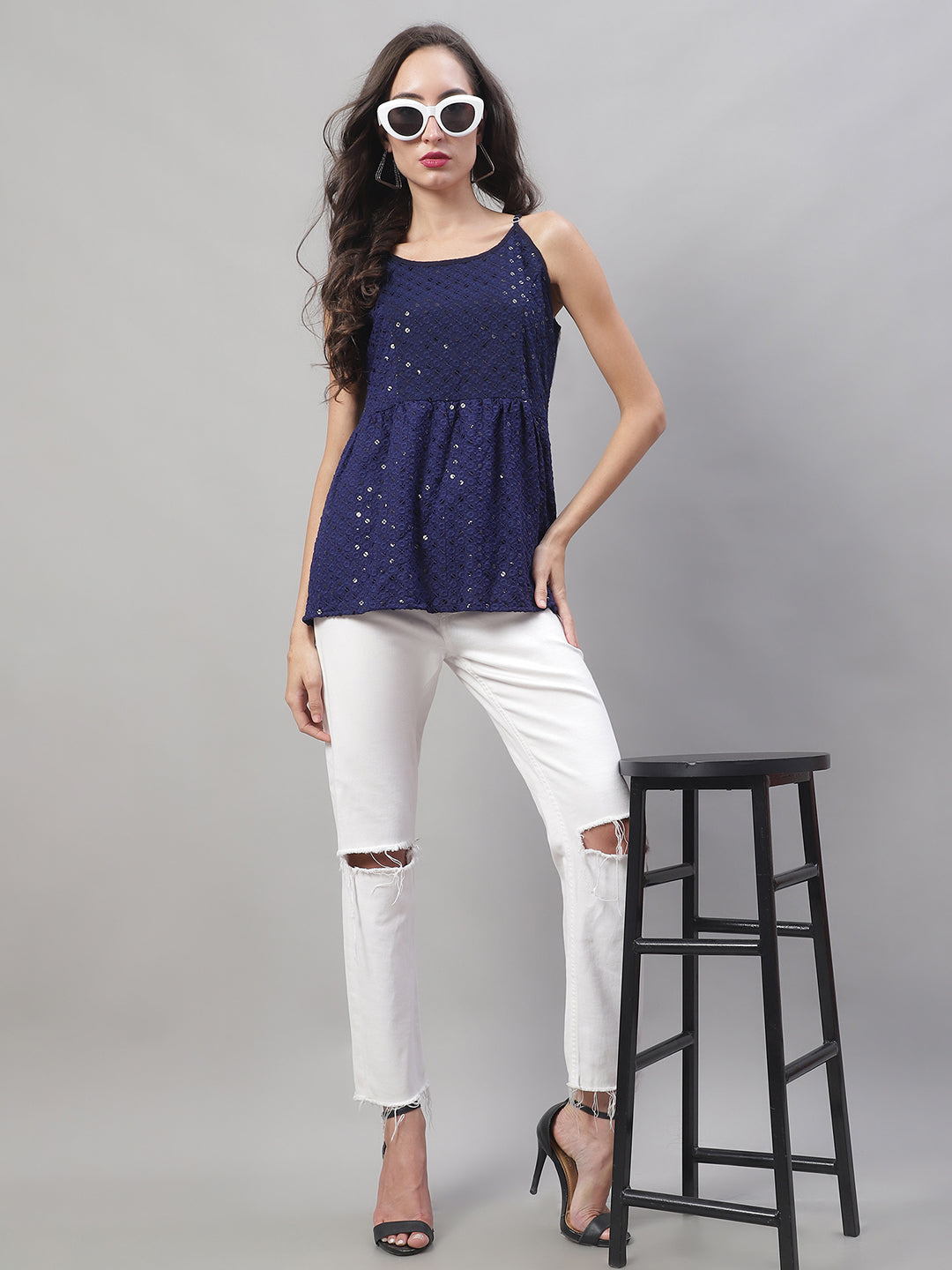 Jainish Women's WoChikankari Sequen Work Empire Top - Navy Blue | Grocsy
