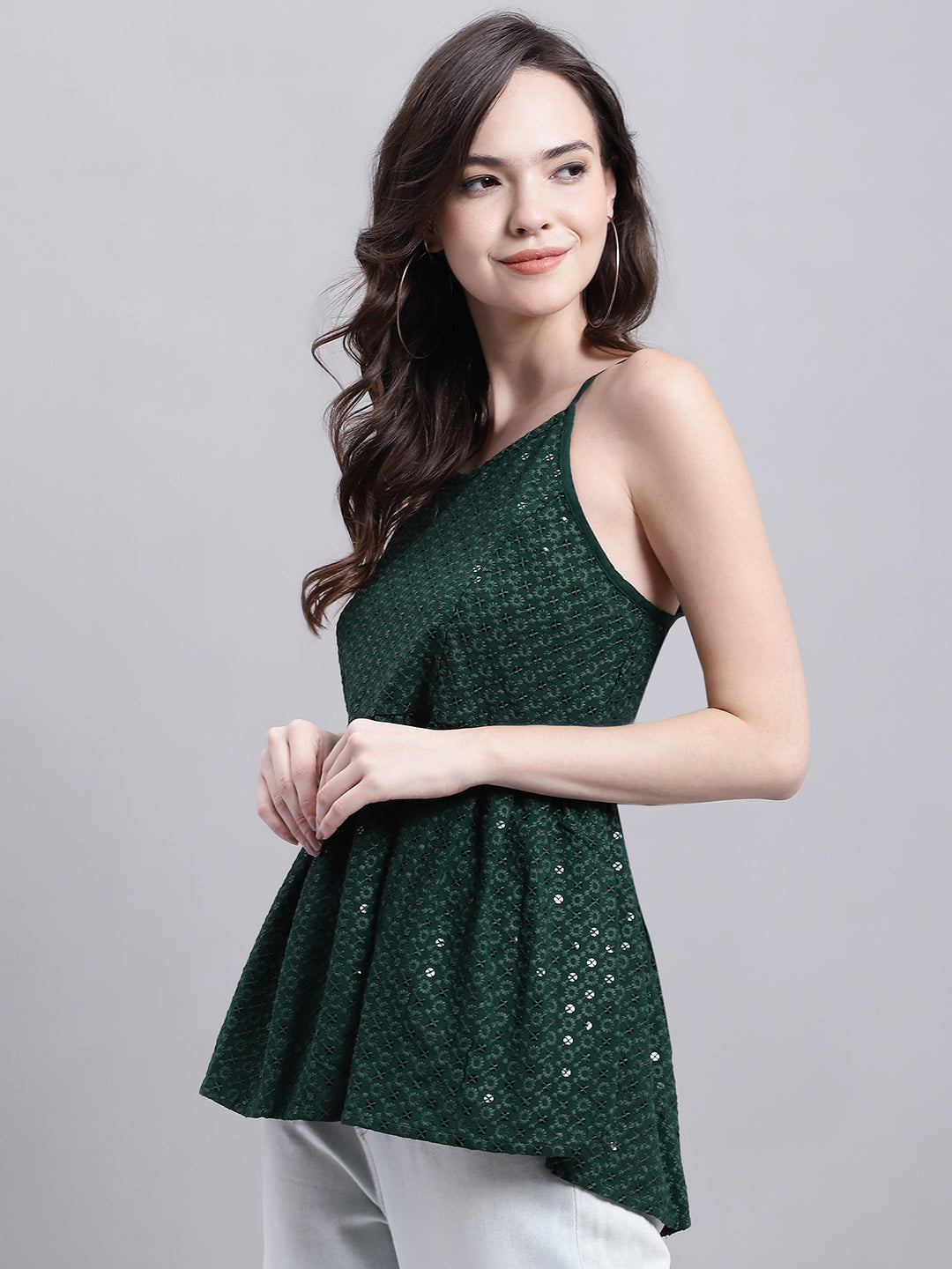Jainish Women's WoOlive Green Chikankari Sequen Work Empire Top | Grocsy