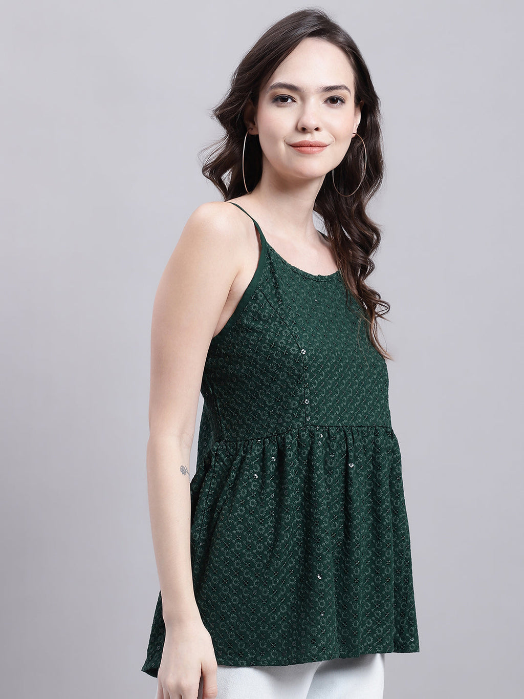 Jainish Women's WoOlive Green Chikankari Sequen Work Empire Top | Grocsy