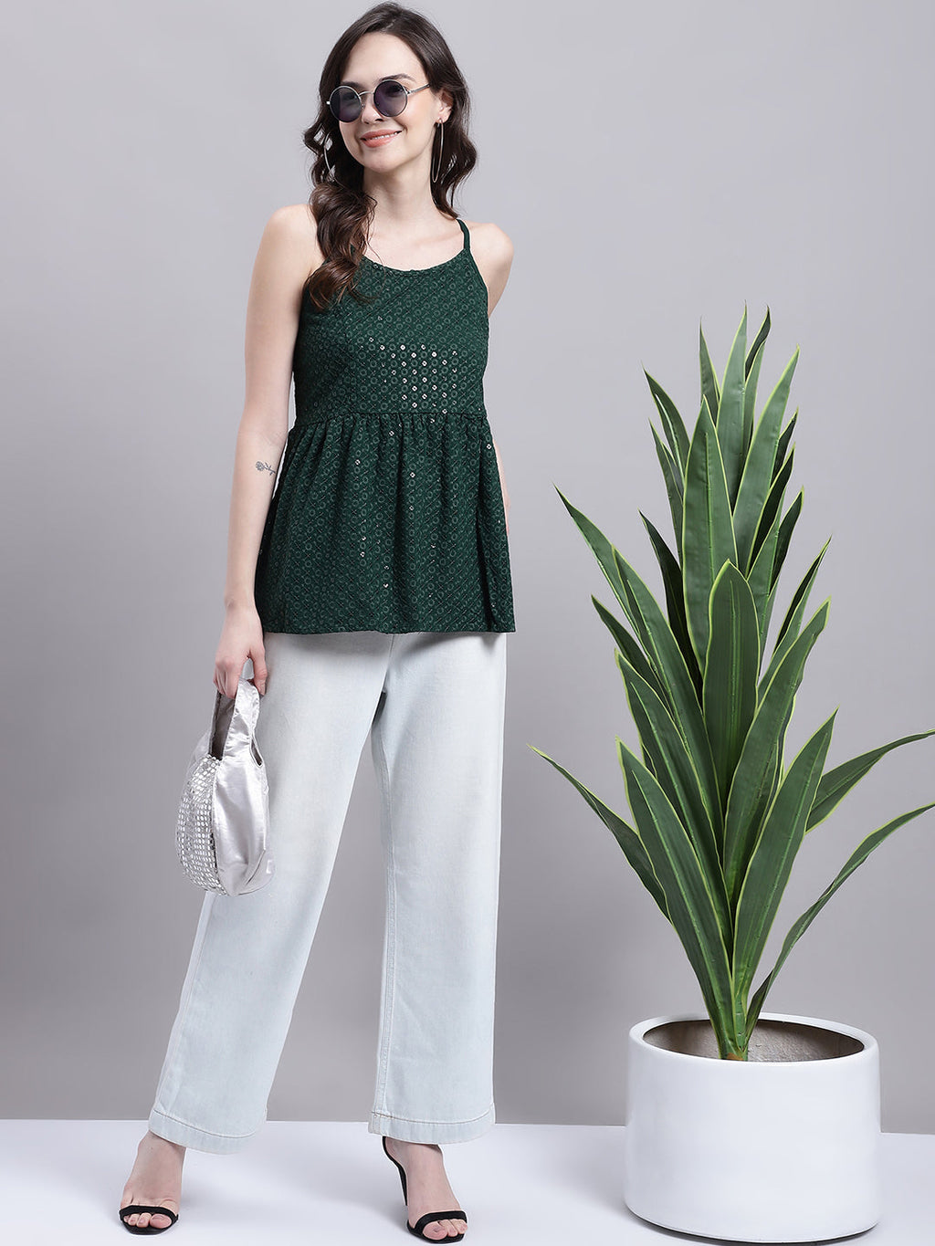 Jainish Women's WoOlive Green Chikankari Sequen Work Empire Top | Grocsy