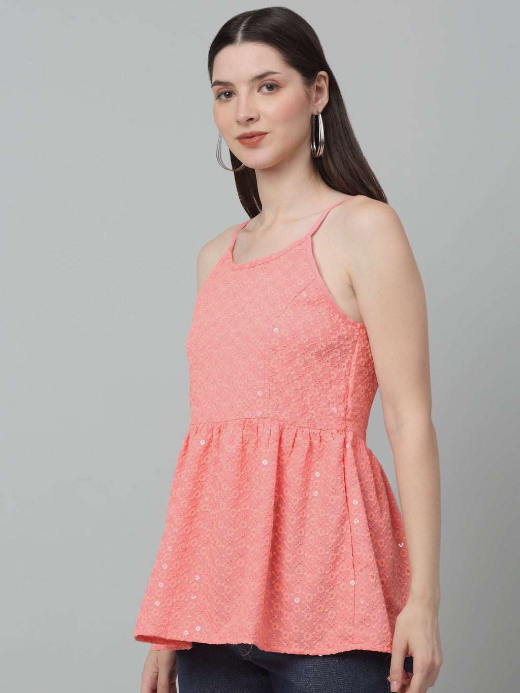 Jainish Women's WoChikankari Sequen Work Empire Top - Peach | Grocsy