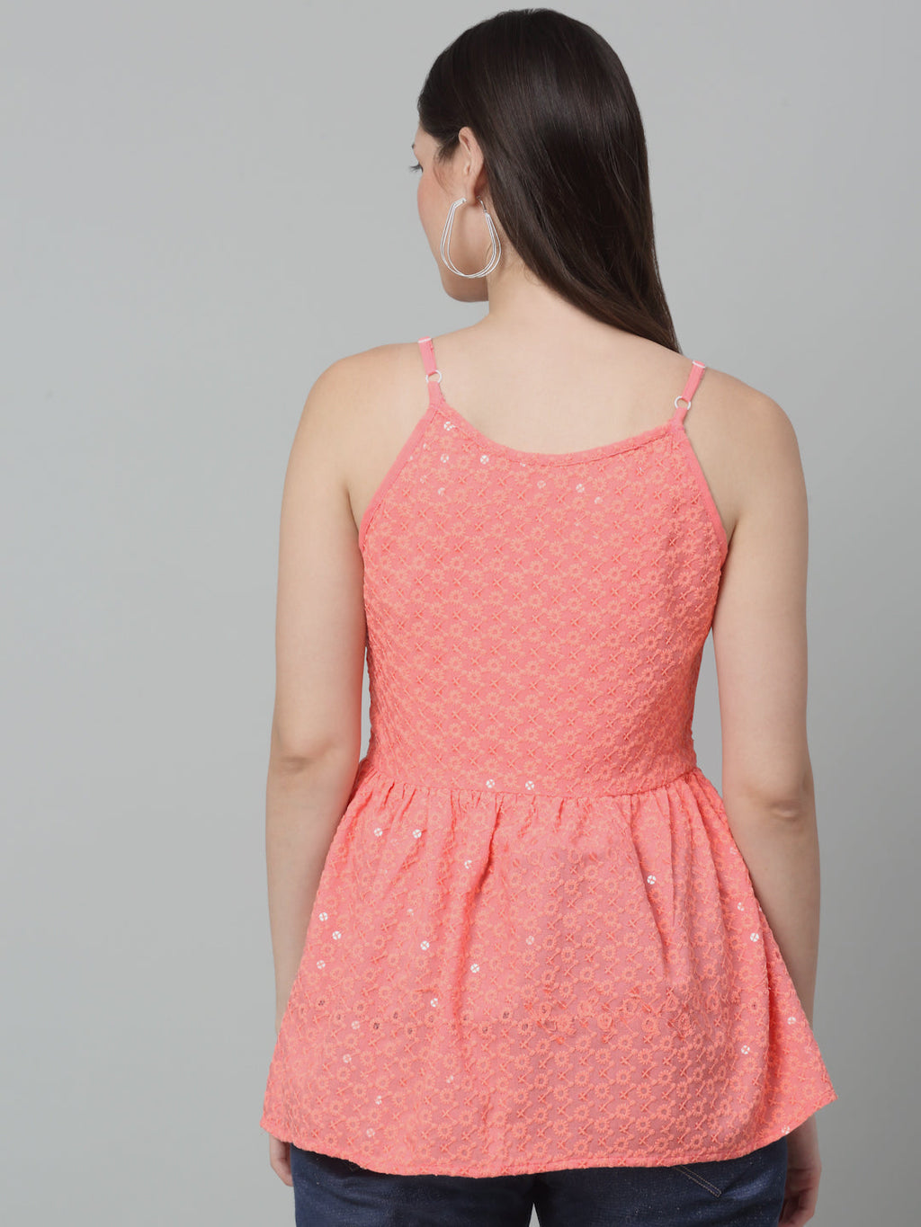 Jainish Women's WoChikankari Sequen Work Empire Top - Peach | Grocsy