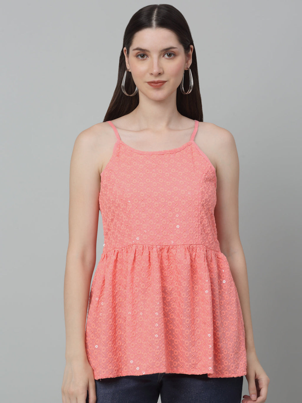 Jainish Women's WoChikankari Sequen Work Empire Top - Peach | Grocsy