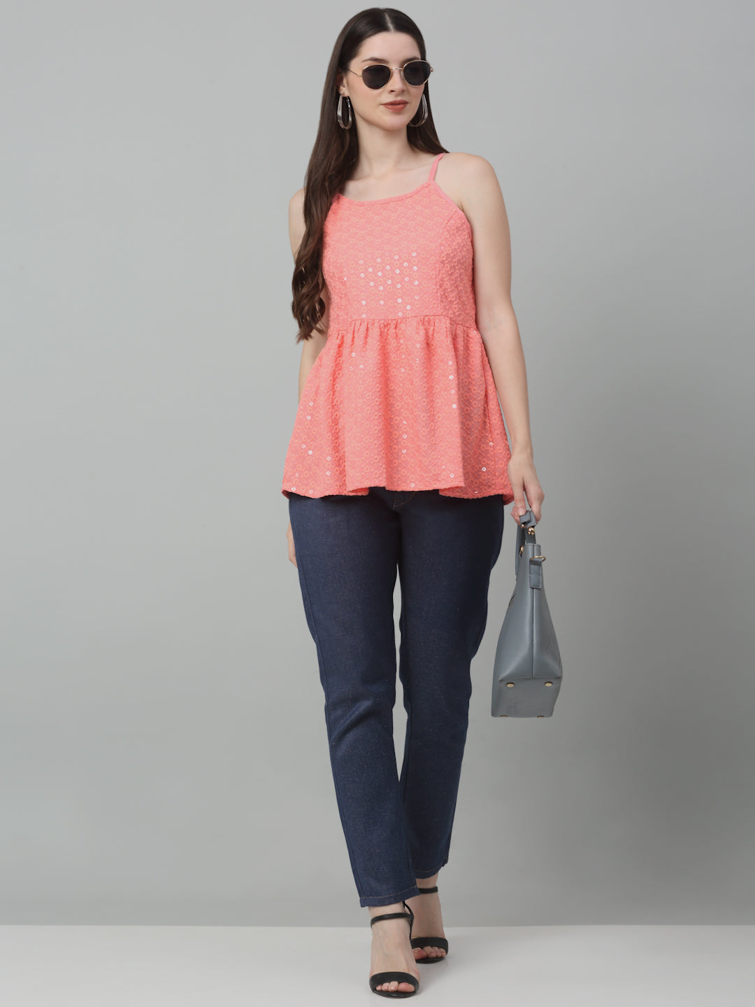 Jainish Women's WoChikankari Sequen Work Empire Top - Peach | Grocsy