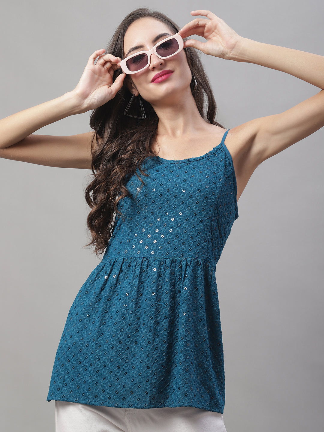 Jainish Women's WoChikankari Sequen Work Empire Top - Peacock | Grocsy