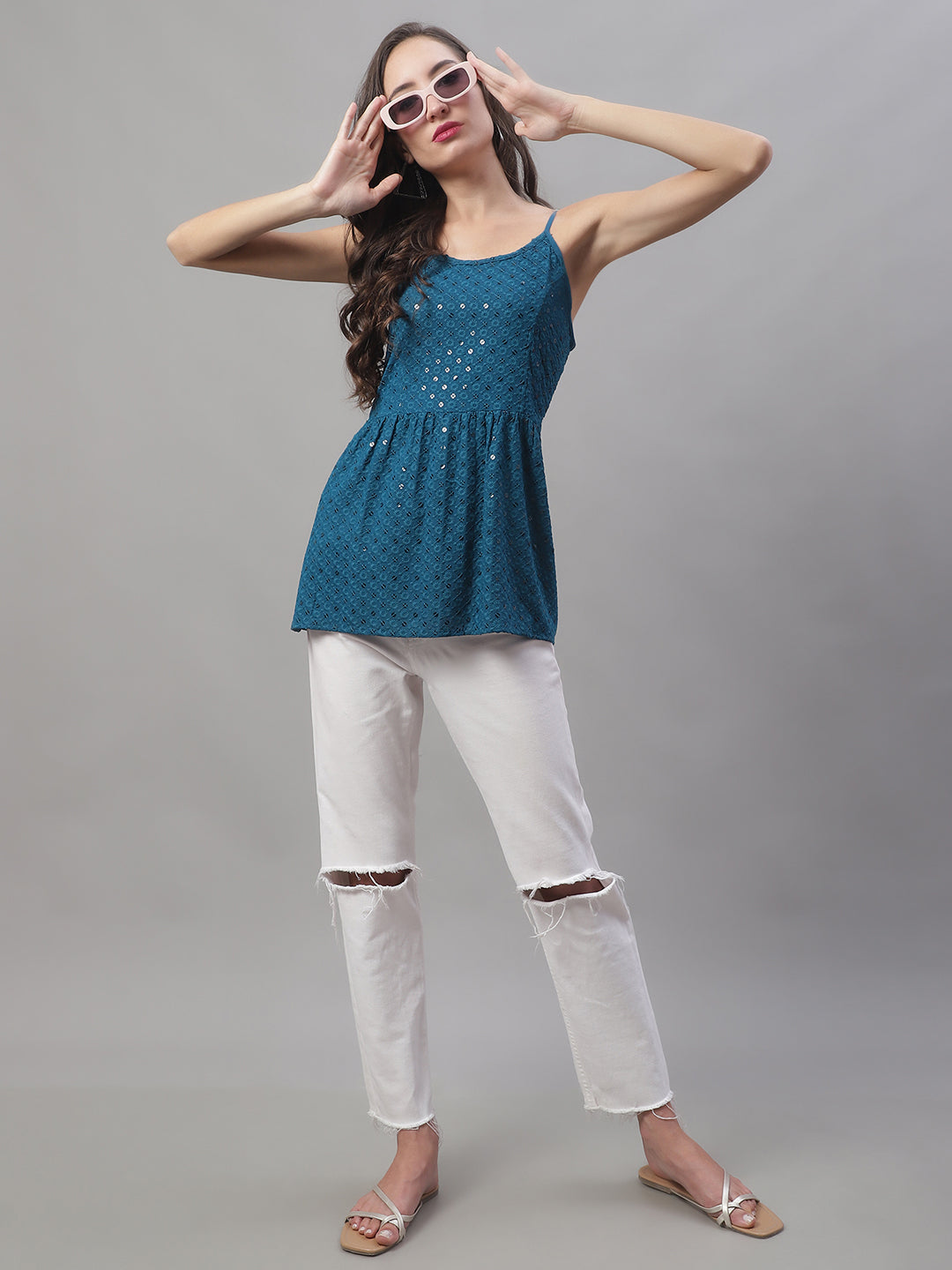 Jainish Women's WoChikankari Sequen Work Empire Top - Peacock | Grocsy