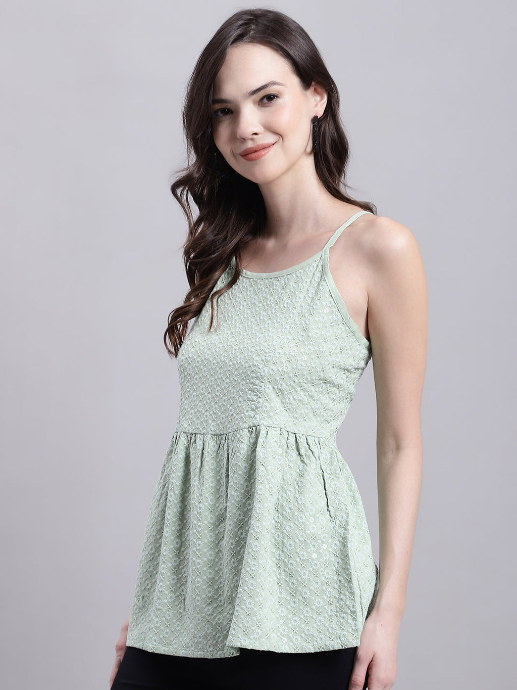 Jainish Women's WoPista Green Chikankari Sequen Work Empire Top | Grocsy