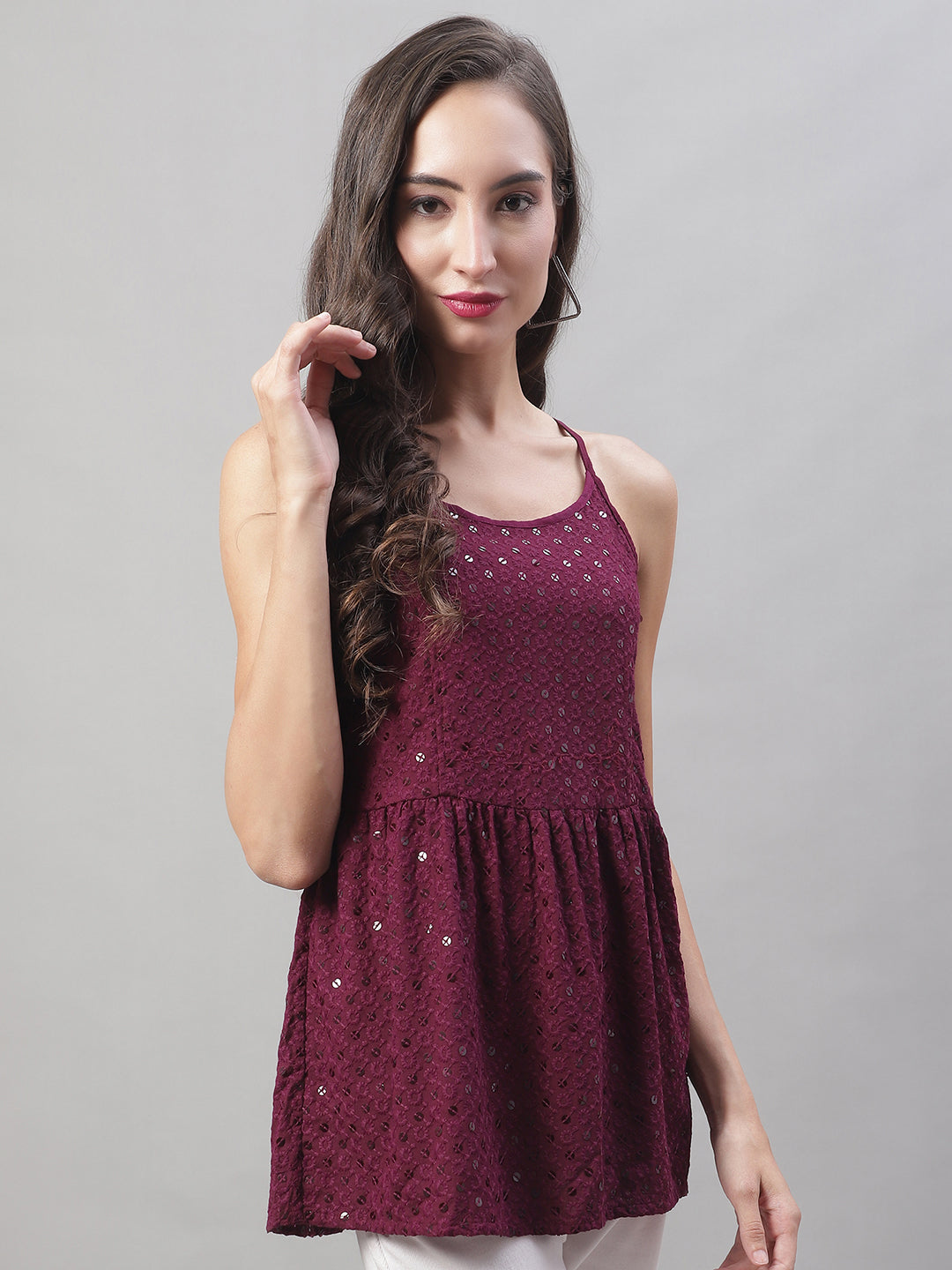 Jainish Women's WoChikankari Sequen Work Empire Top - Purple | Grocsy