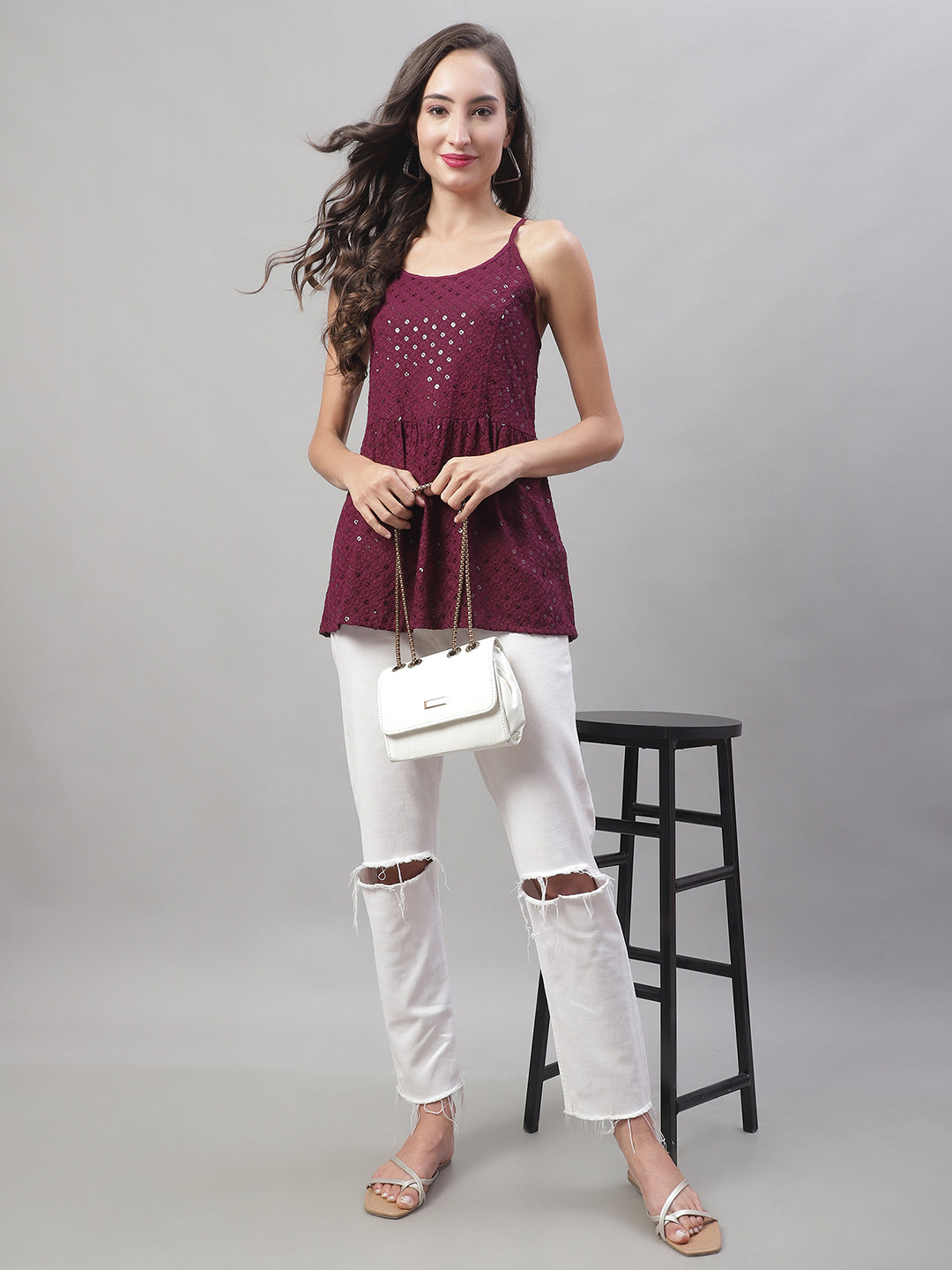 Jainish Women's WoChikankari Sequen Work Empire Top - Purple | Grocsy