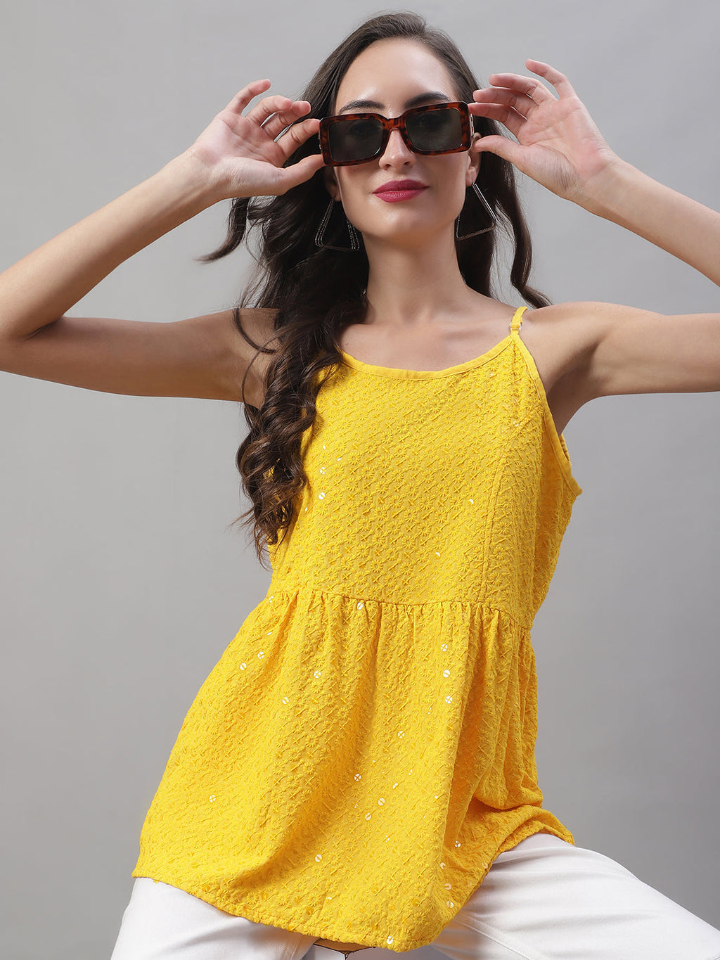 Jainish Women's WoChikankari Sequen Work Empire Top - Yellow | Grocsy