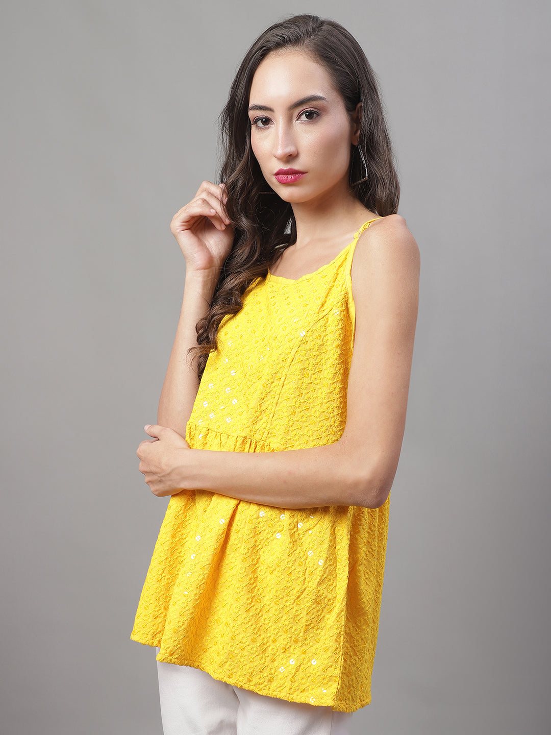 Jainish Women's WoChikankari Sequen Work Empire Top - Yellow | Grocsy