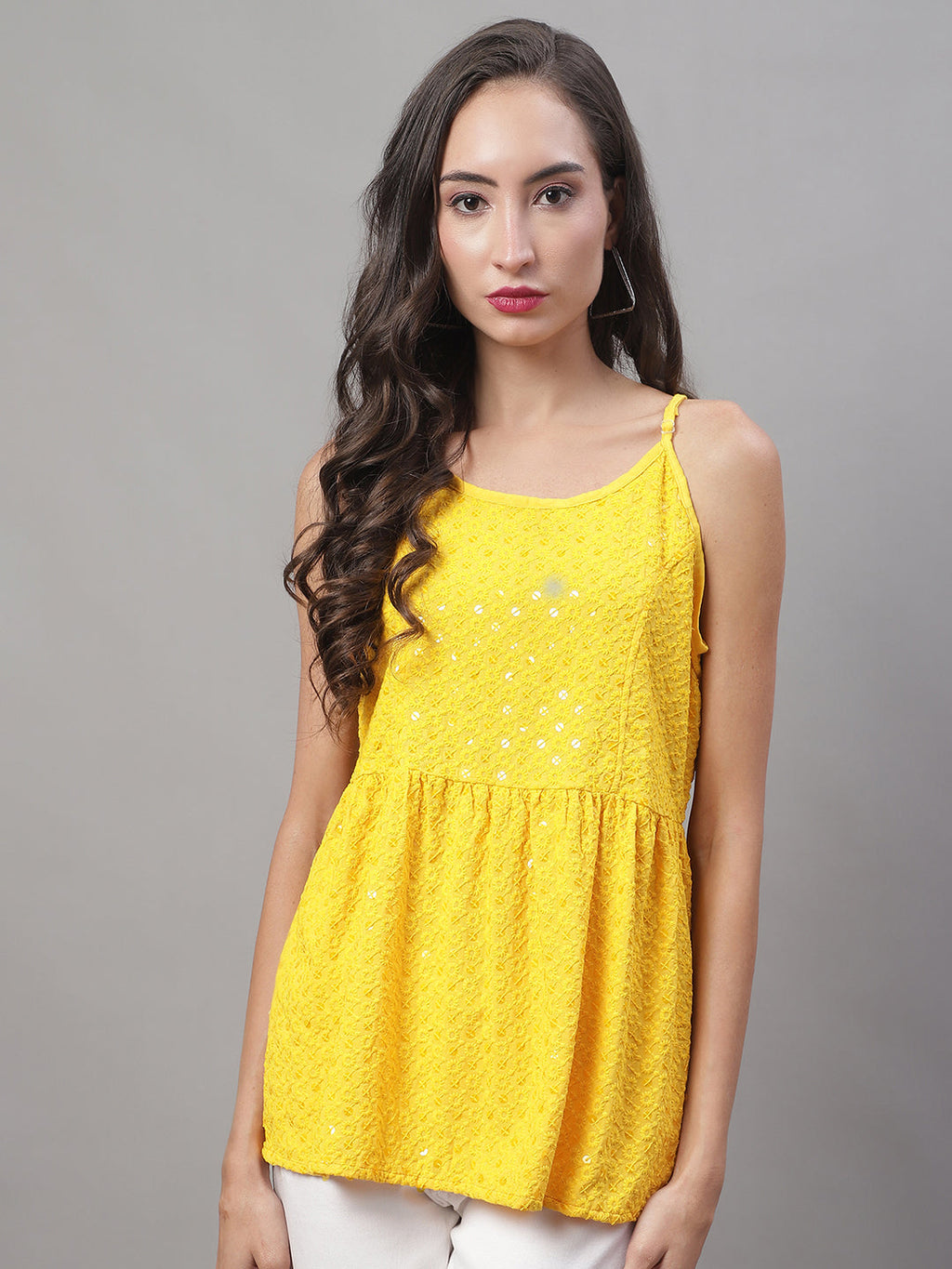 Jainish Women's WoChikankari Sequen Work Empire Top - Yellow | Grocsy