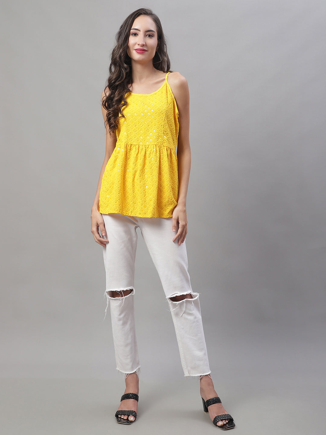 Jainish Women's WoChikankari Sequen Work Empire Top - Yellow | Grocsy