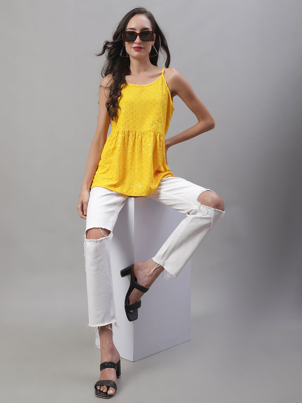 Jainish Women's WoChikankari Sequen Work Empire Top - Yellow | Grocsy