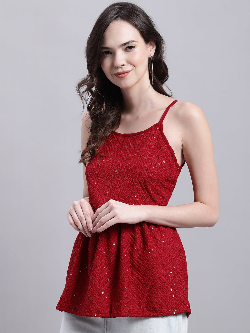 Jainish Women's WoMaroon Chikankari Sequen Work Empire Top | Grocsy