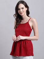 Jainish Women's WoMaroon Chikankari Sequen Work Empire Top | Grocsy