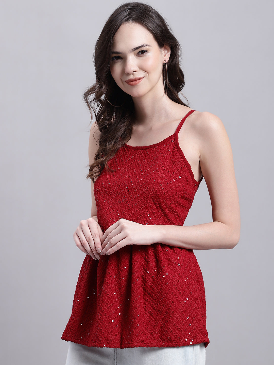 Jainish Women's WoMaroon Chikankari Sequen Work Empire Top | Grocsy