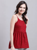 Jainish Women's WoMaroon Chikankari Sequen Work Empire Top | Grocsy