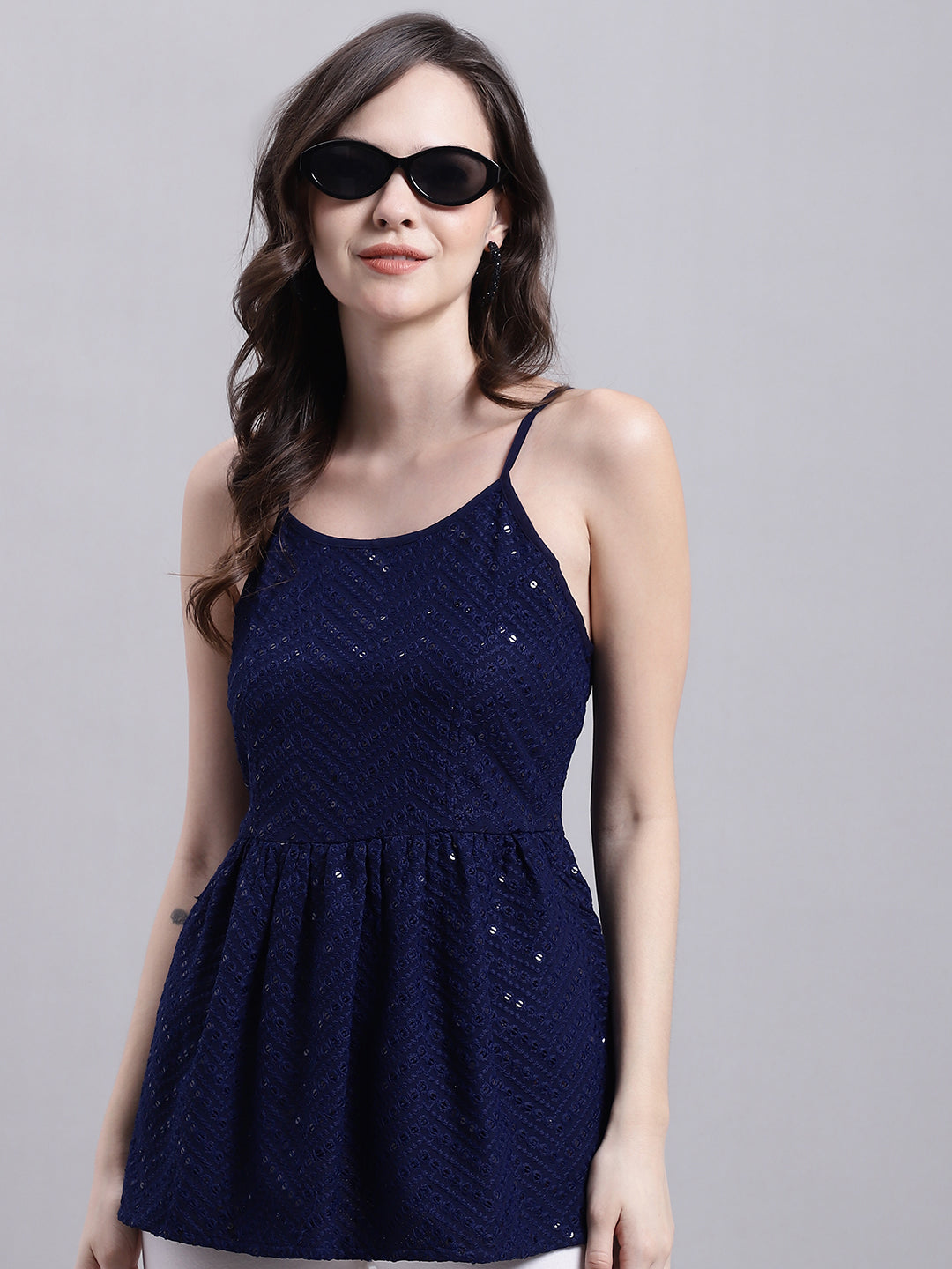Jainish Women's WoNavy Blue Chikankari Sequen Work Empire Top | Grocsy